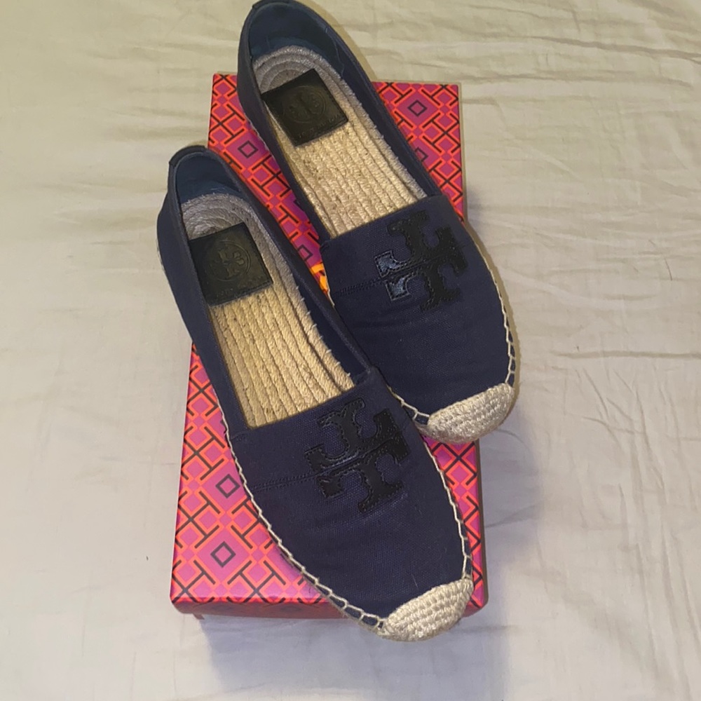 navy / black Tory Burch Weston Flat Espadrille canvas /calf leather size 8.5